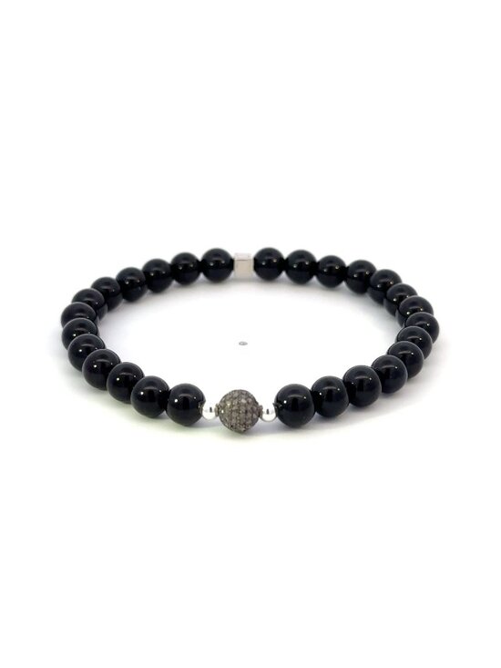 Rafant Jewelry - Black Onyx Gemstone Stretch Bracelet with Pave Diamond Bead Oxidized